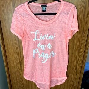 Delusional Graphic Tee Women Medium Pink Livin On A Prayer Burnout Slub‎